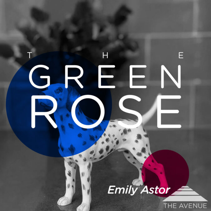 B&W photo of porcelain dalmatian figurine with text THE GREEN ROSE EMILY ASTOR