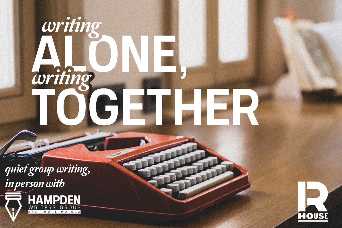 A typewriter on a desk with text "WRITING ALONE WRITING TOGETHER"