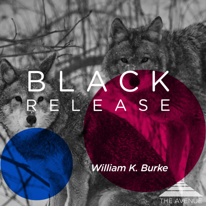 Two wolves in a snowy forest with text "BLACK RELEASE WILLIAM K BURKE"