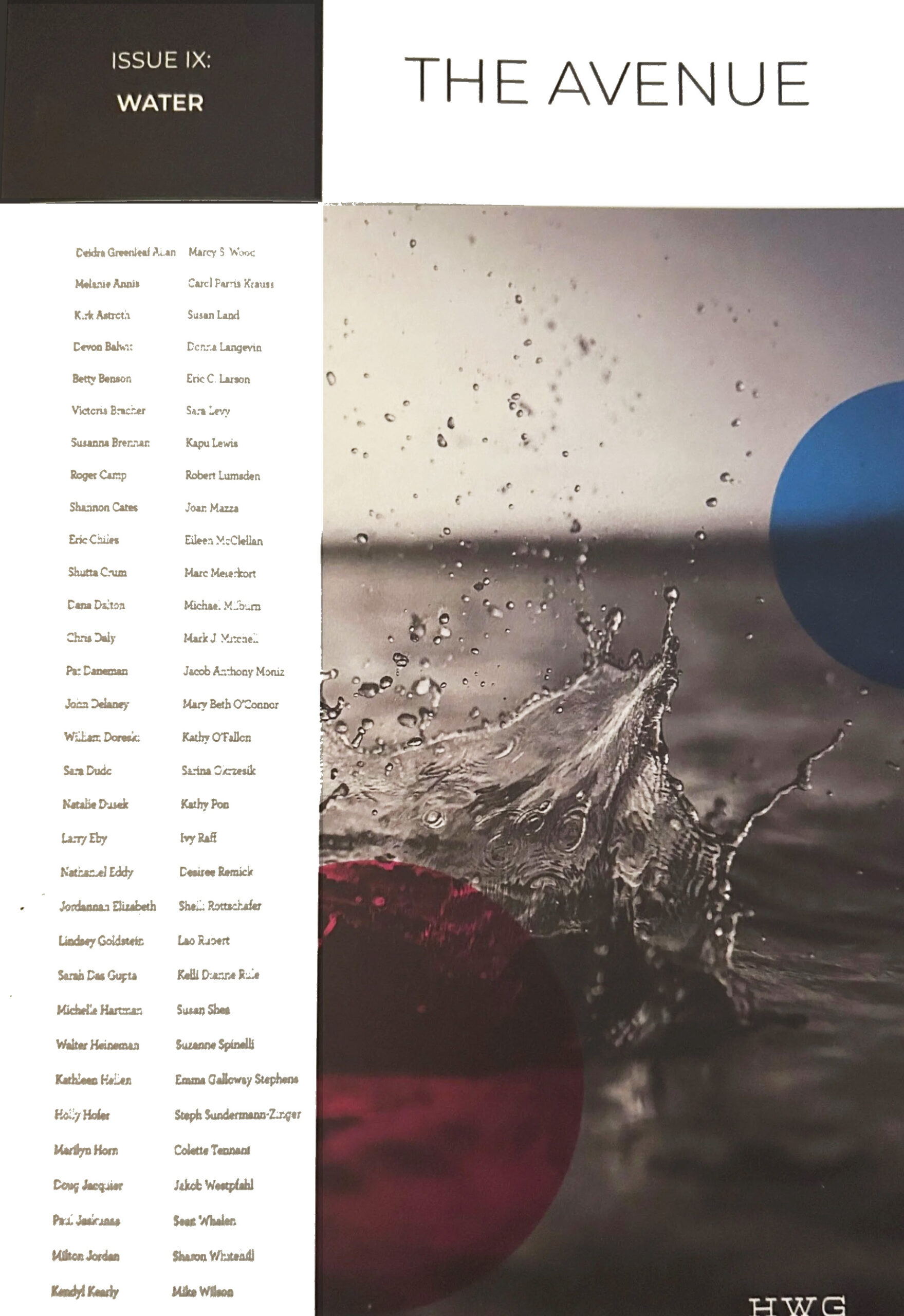 Cover image of THE AVENUE ISSUE IX: Water, with a black & white image of splashing water