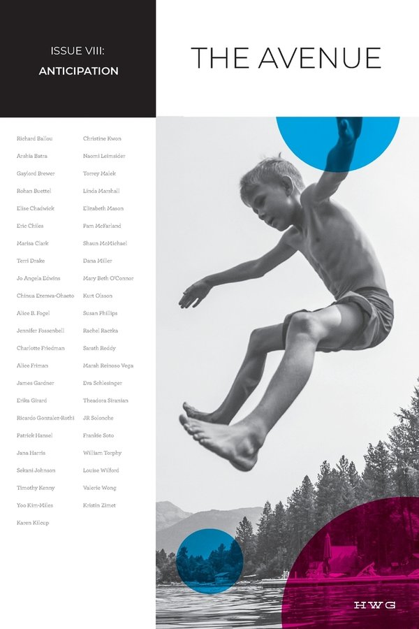 Cover image of THE AVENUE ISSUE XIII: ANTICIPATION, featuring a photograph of a boy jumping into a lake happily