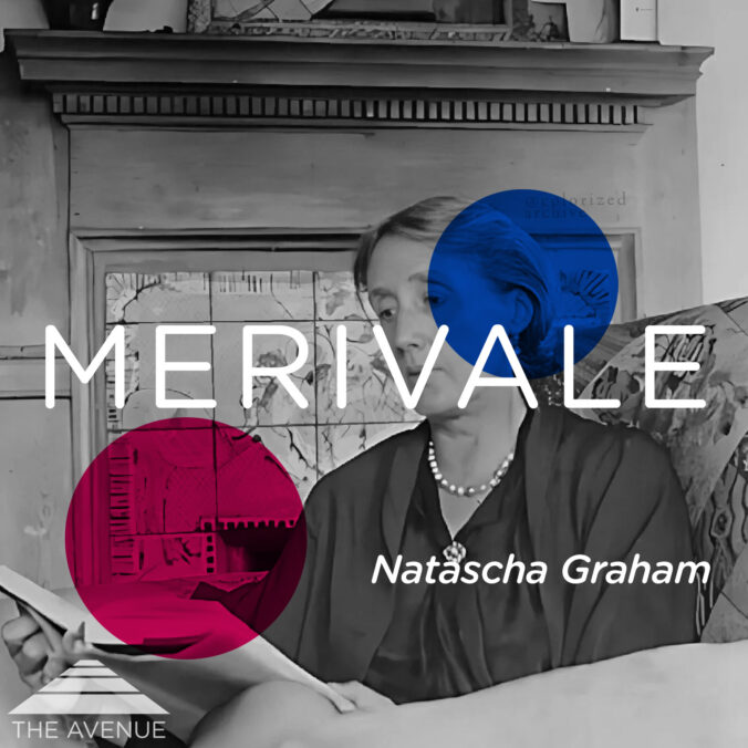 B&W photo of Virginia Woolf reading a book with text "MERIVALE Natascha Graham"