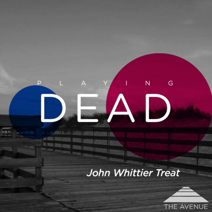 a boardwalk on cape cod with text "PLAYING DEAD JOHN WHITTIER TREAT"