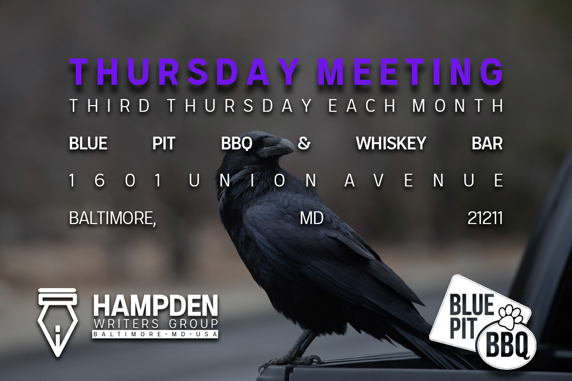 A Raven with text "Hampden Writers Group Thursday Meeting"
