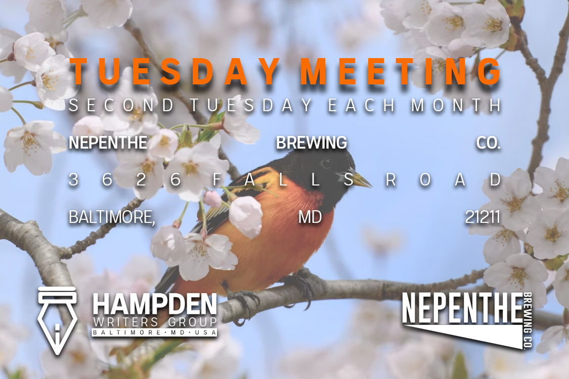 A Baltimore Oriole bird in cherry blossoms with text "Hampden Writers Group Tuesday Meeting"