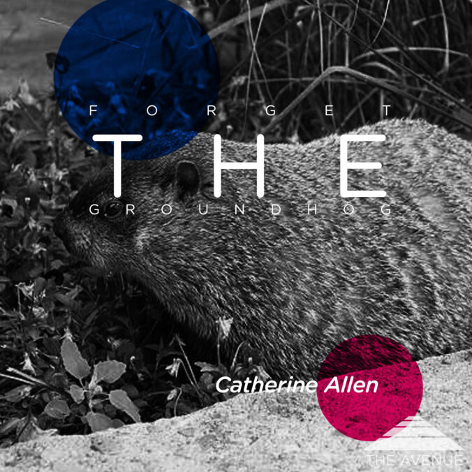 photo of a groundhog in a garden with text "FORGET THE GROUNDHOG CATHERINE ALLEN"
